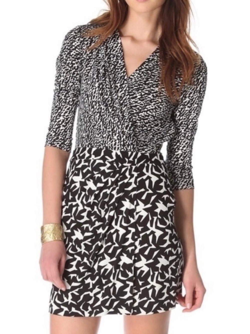 Diane Von Furstenberg | Melodi Black and White Mixed-Print Mini Wrap Dress | Sz8